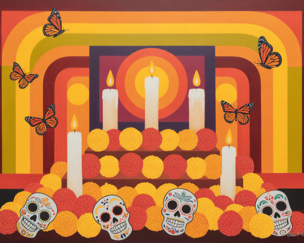 Vibrant Día de los Muertos Altar with Decorative Elements