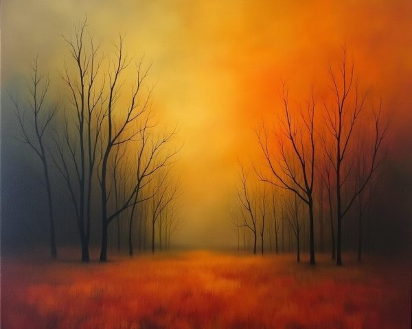 Misty Forest Landscape with Amber Sky and Grasses
