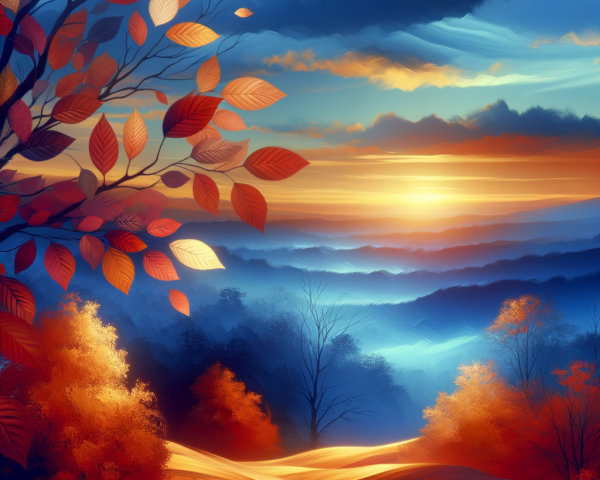 Autumn Landscape with Vibrant Leaves and Sunset Glow