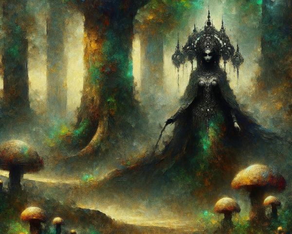 Mystical Forest with Towering Figure and Vibrant Mushrooms