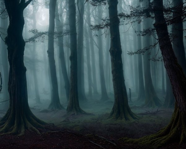 Mysterious Forest with Fog and Towering Trees