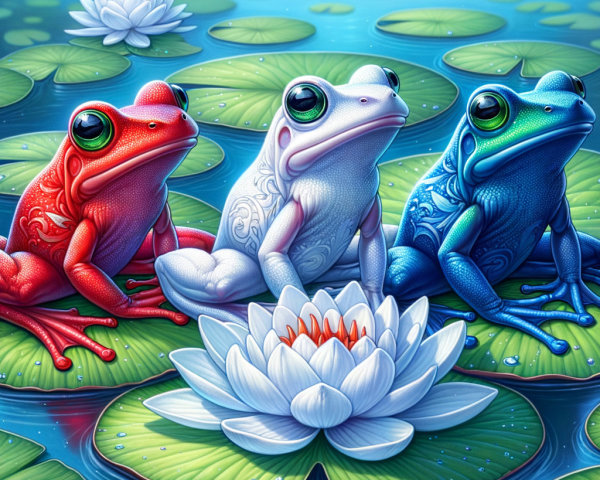 Vibrant Frogs on Lily Pads in a Tranquil Pond