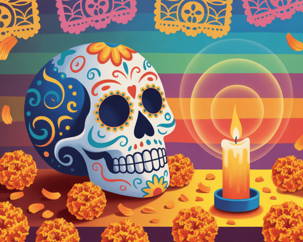 Colorful Sugar Skull with Marigolds and Candle Decor