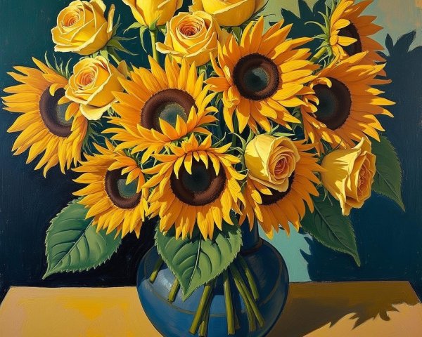 Vibrant bouquet of yellow roses and sunflowers in blue vase
