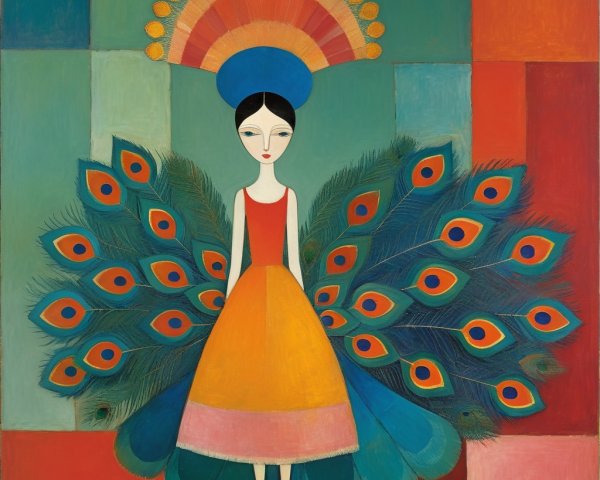 Whimsical Artwork of a Woman with Peacock Tail