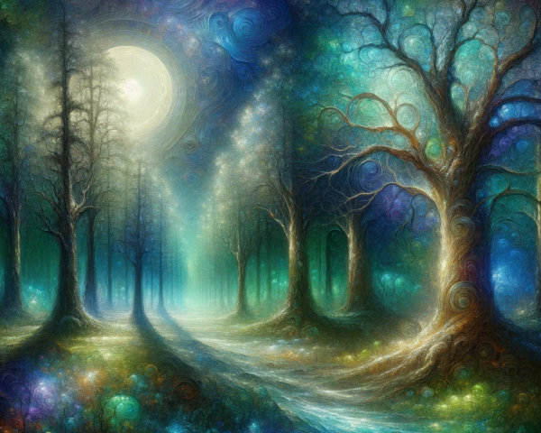 Mystical Forest with Moonlit Path and Ethereal Trees