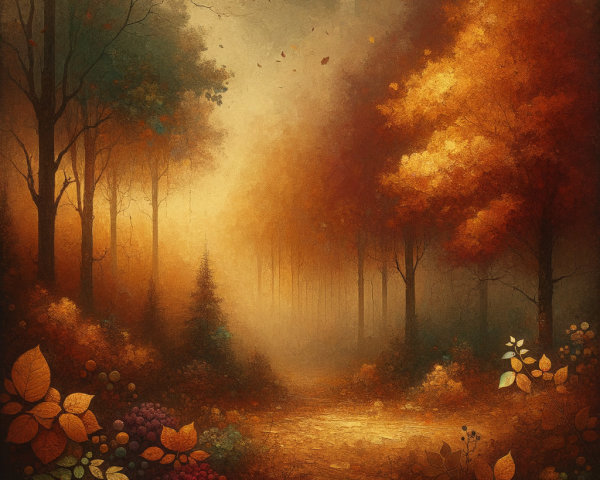 Autumn Forest Scene with Golden Light and Mist