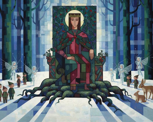 Stained Glass King on Throne in Snowy Forest Scene