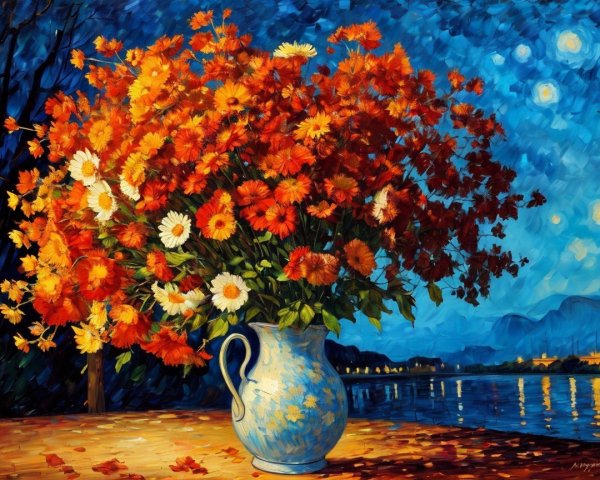 Vibrant Orange and Yellow Flowers in Night Scene