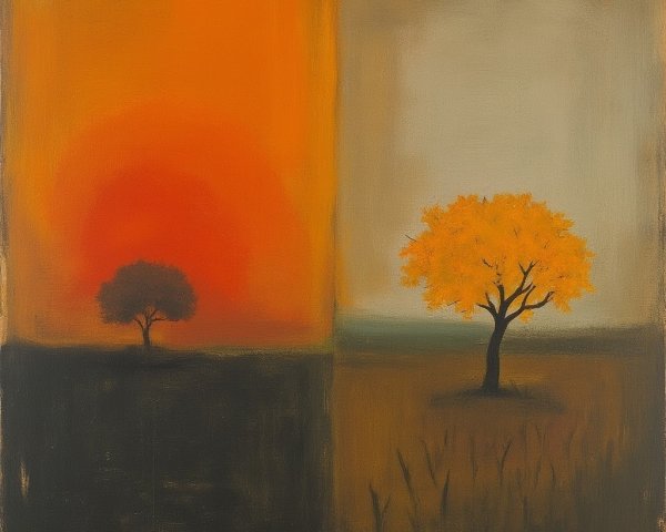 Artwork Depicting Contrast of Trees and Sunset Hues