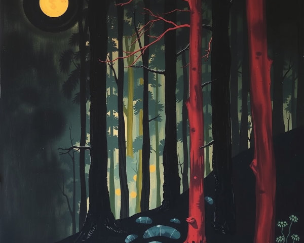 Eerie Forest Scene with Moonlight and Shadows