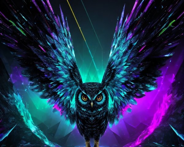 Vibrant Digital Illustration of an Owl with Iridescent Feathers