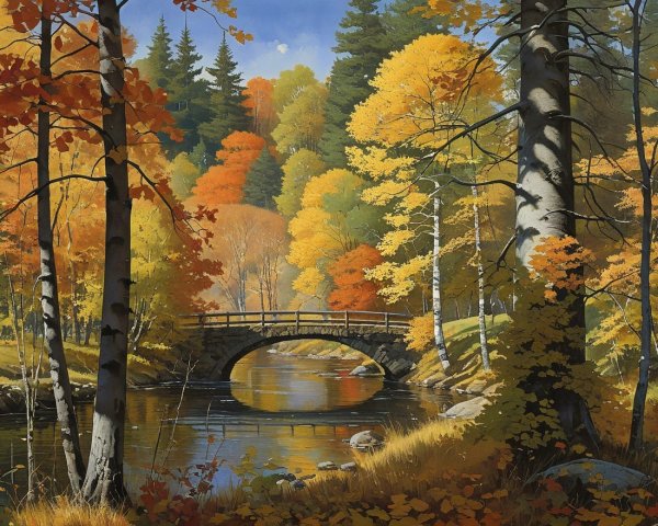 Autumn River Scene with Stone Bridge and Colorful Foliage