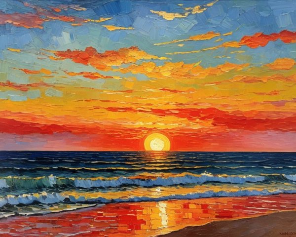 Vibrant Sunset Over Ocean with Textured Brushstrokes