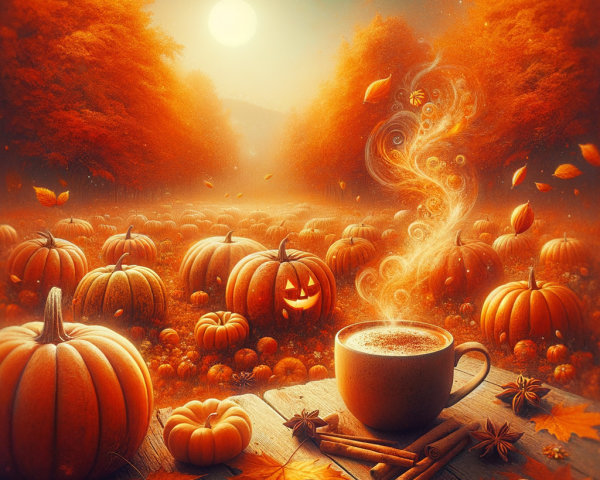 Autumn Landscape with Coffee and Pumpkins Scene