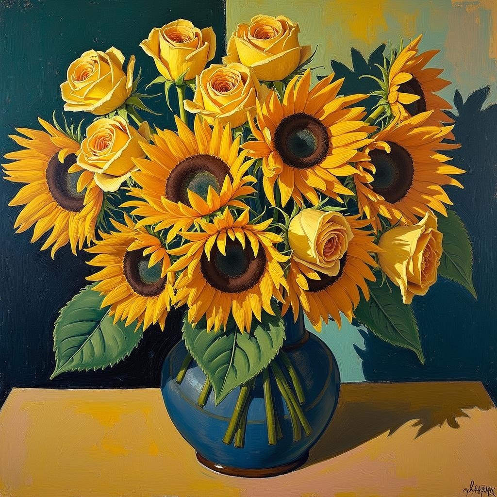 Vibrant bouquet of yellow roses and sunflowers in blue vase
