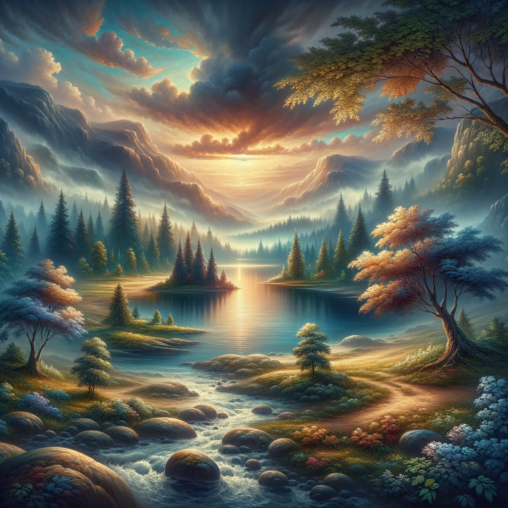 Serene Dawn Landscape with Lake and Mountains