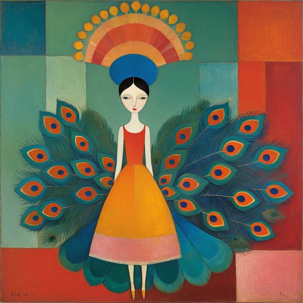 Whimsical Artwork of a Woman with Peacock Tail