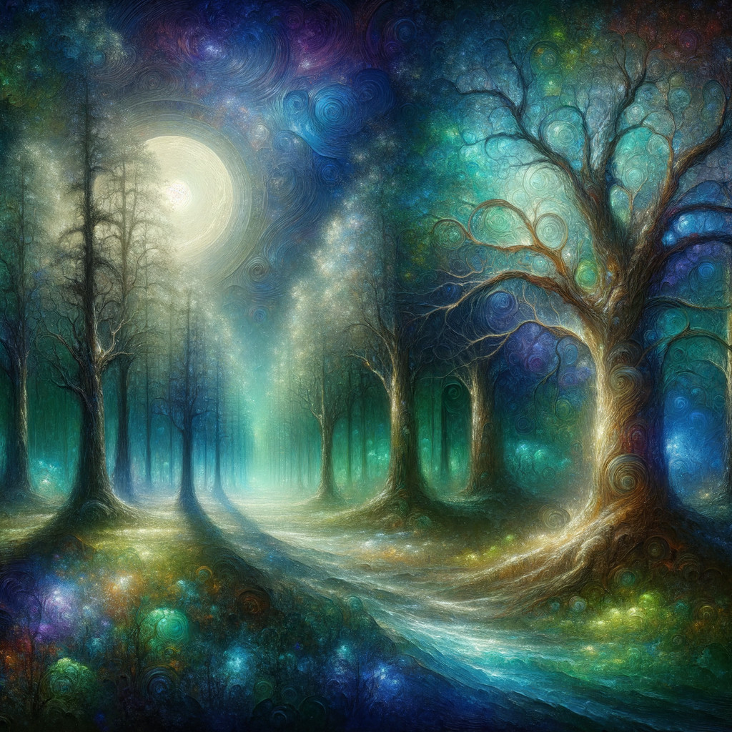 Mystical Forest with Moonlit Path and Ethereal Trees