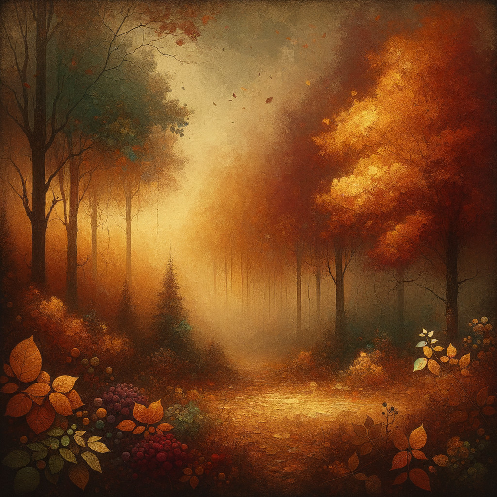 Autumn Forest Scene with Golden Light and Mist