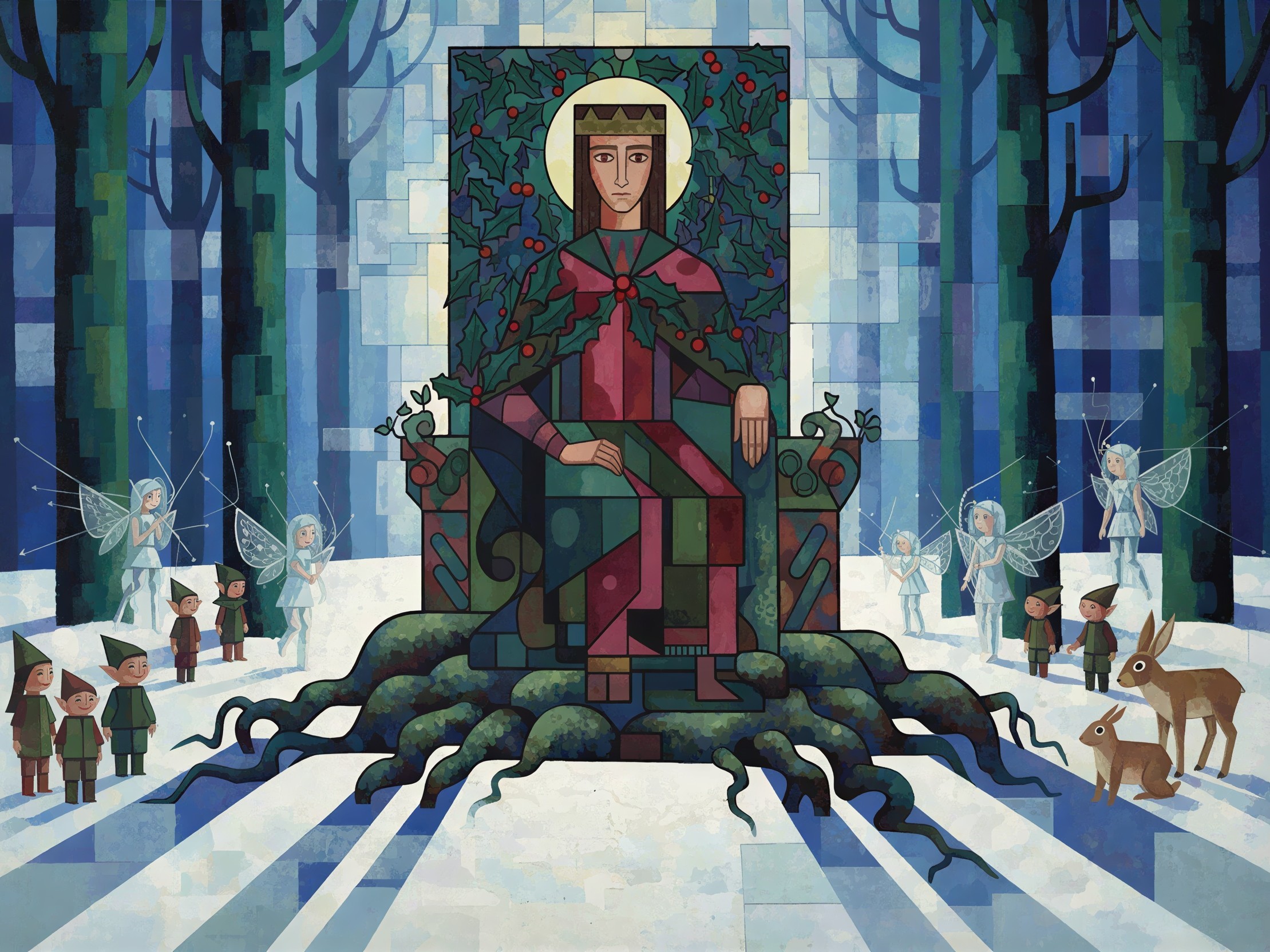 Stained Glass King on Throne in Snowy Forest Scene