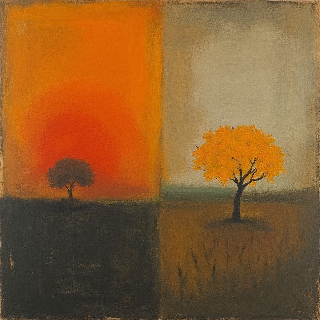 Artwork Depicting Contrast of Trees and Sunset Hues