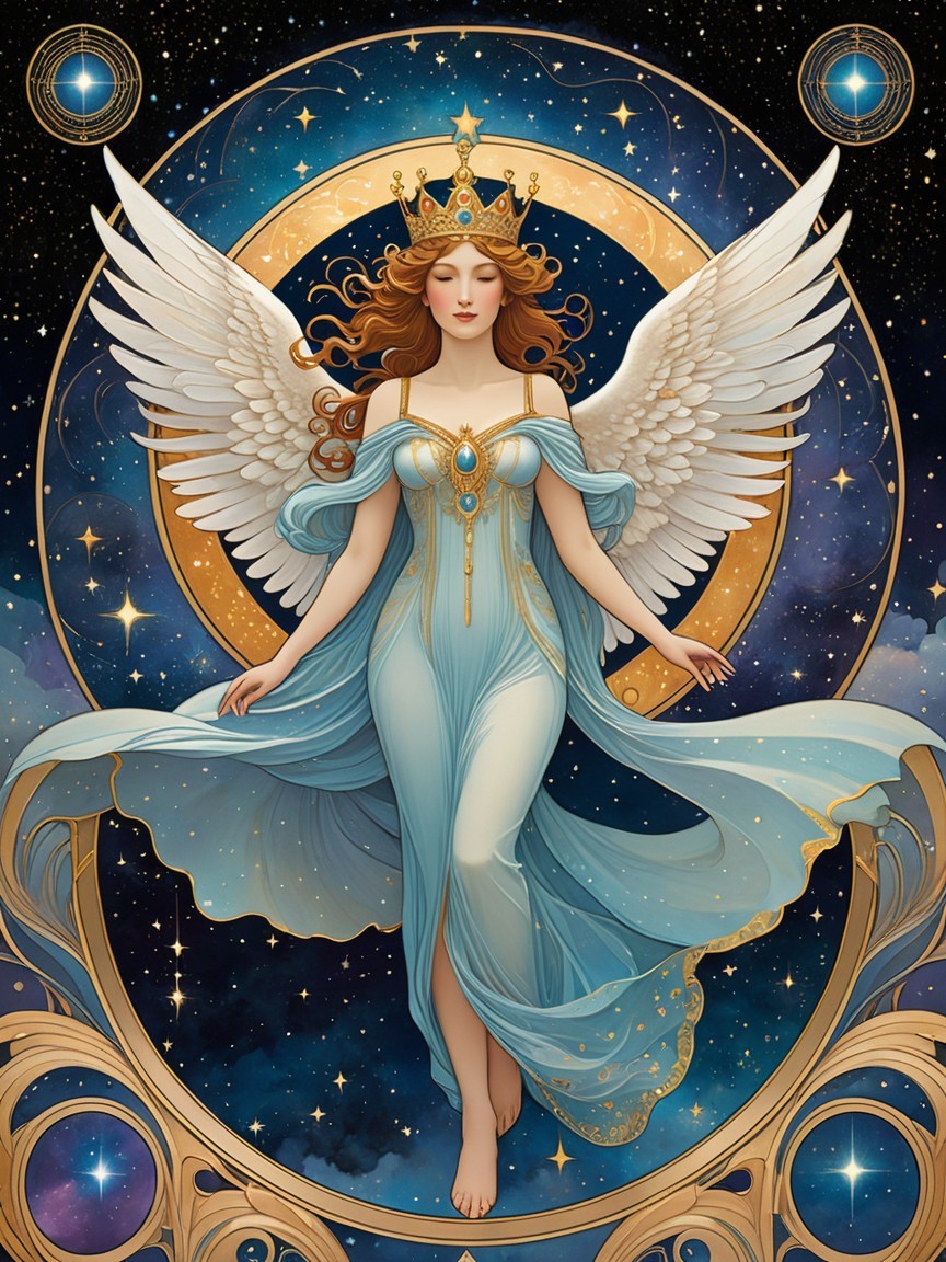 Celestial Figure in Blue Gown with Wings and Stars