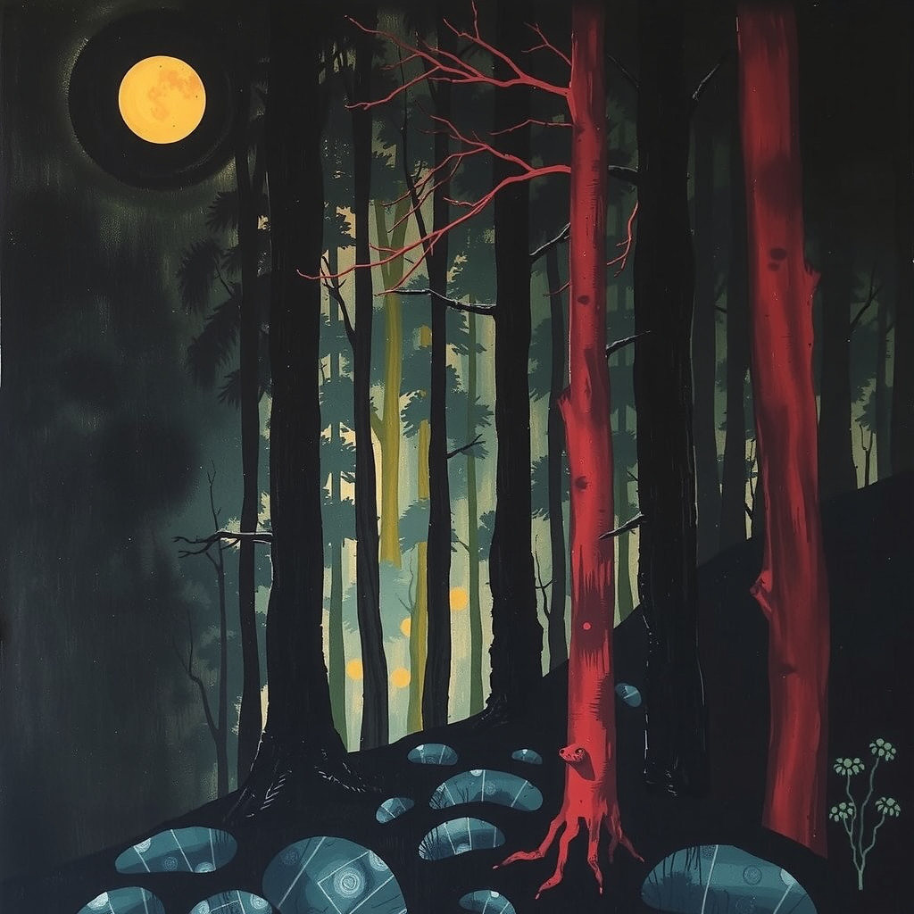 Eerie Forest Scene with Moonlight and Shadows