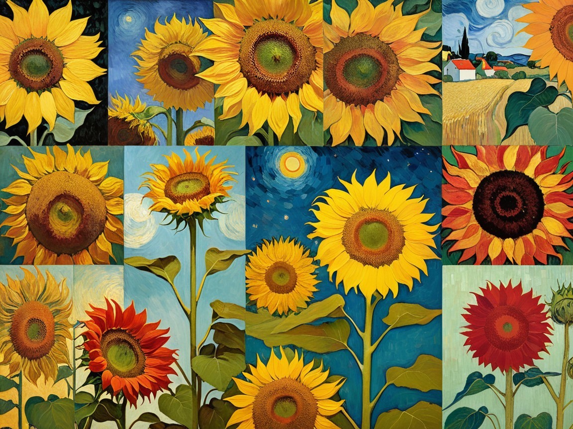 Vibrant Sunflower Collage with Diverse Landscapes