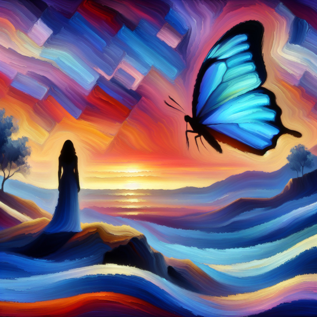 Dreamlike Landscape at Sunset with Butterfly and Waves