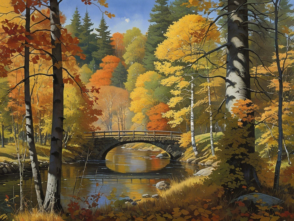Autumn River Scene with Stone Bridge and Colorful Foliage