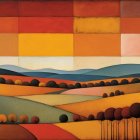 Geometric Landscape with Warm Fields and Blue Hills