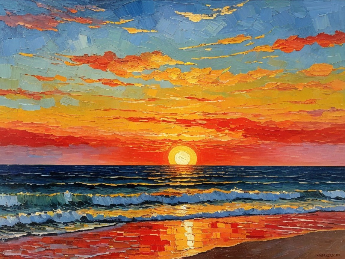 Vibrant Sunset Over Ocean with Textured Brushstrokes