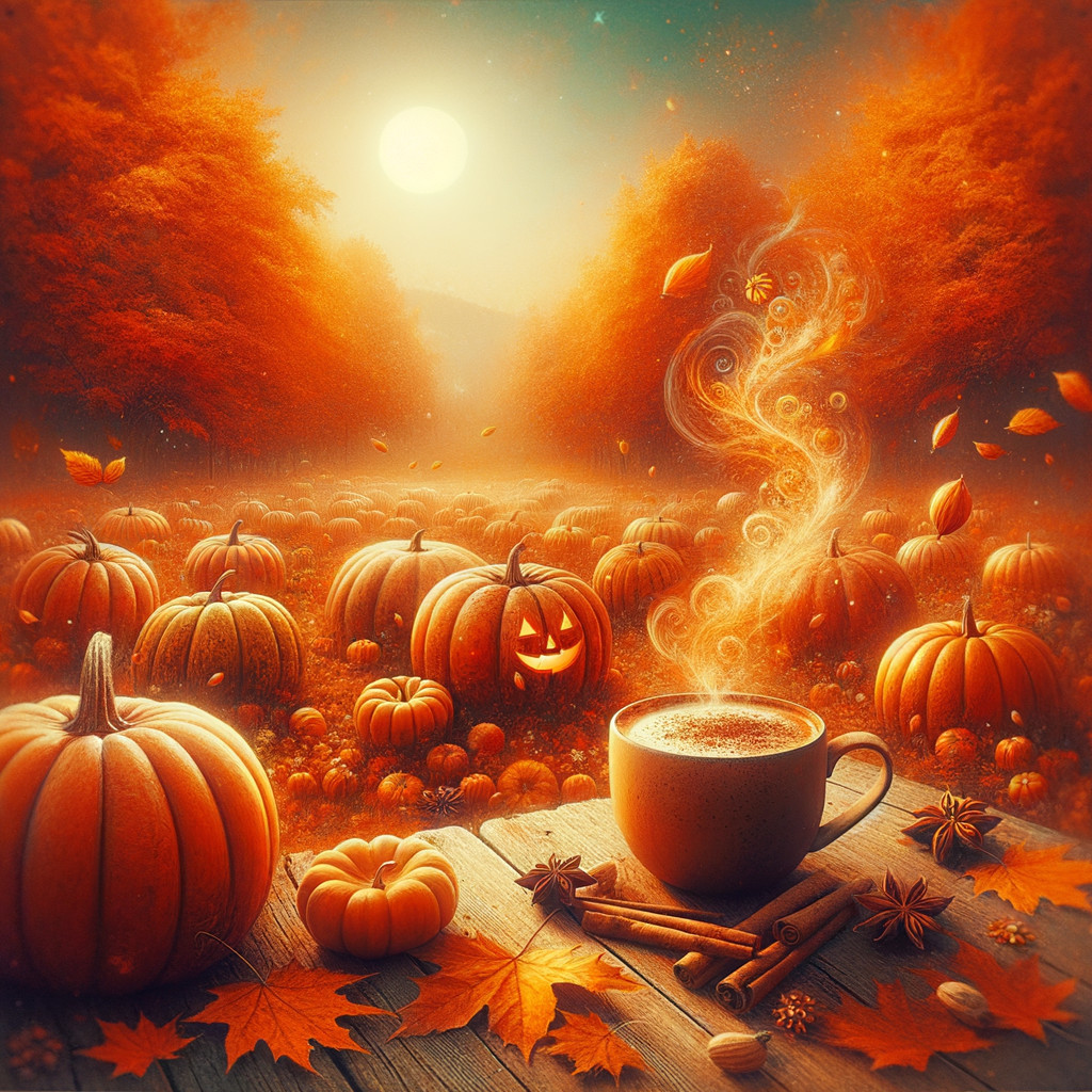 Autumn Landscape with Coffee and Pumpkins Scene