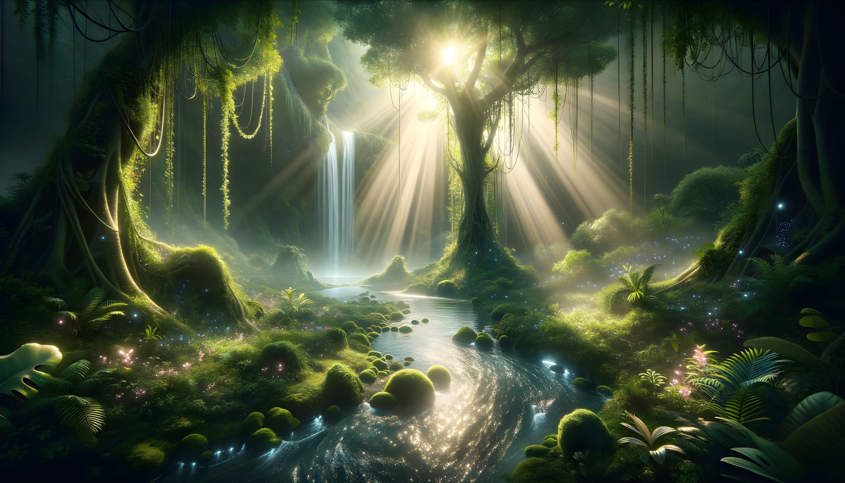 Mystical Forest with Sunlight and Cascading Waterfalls
