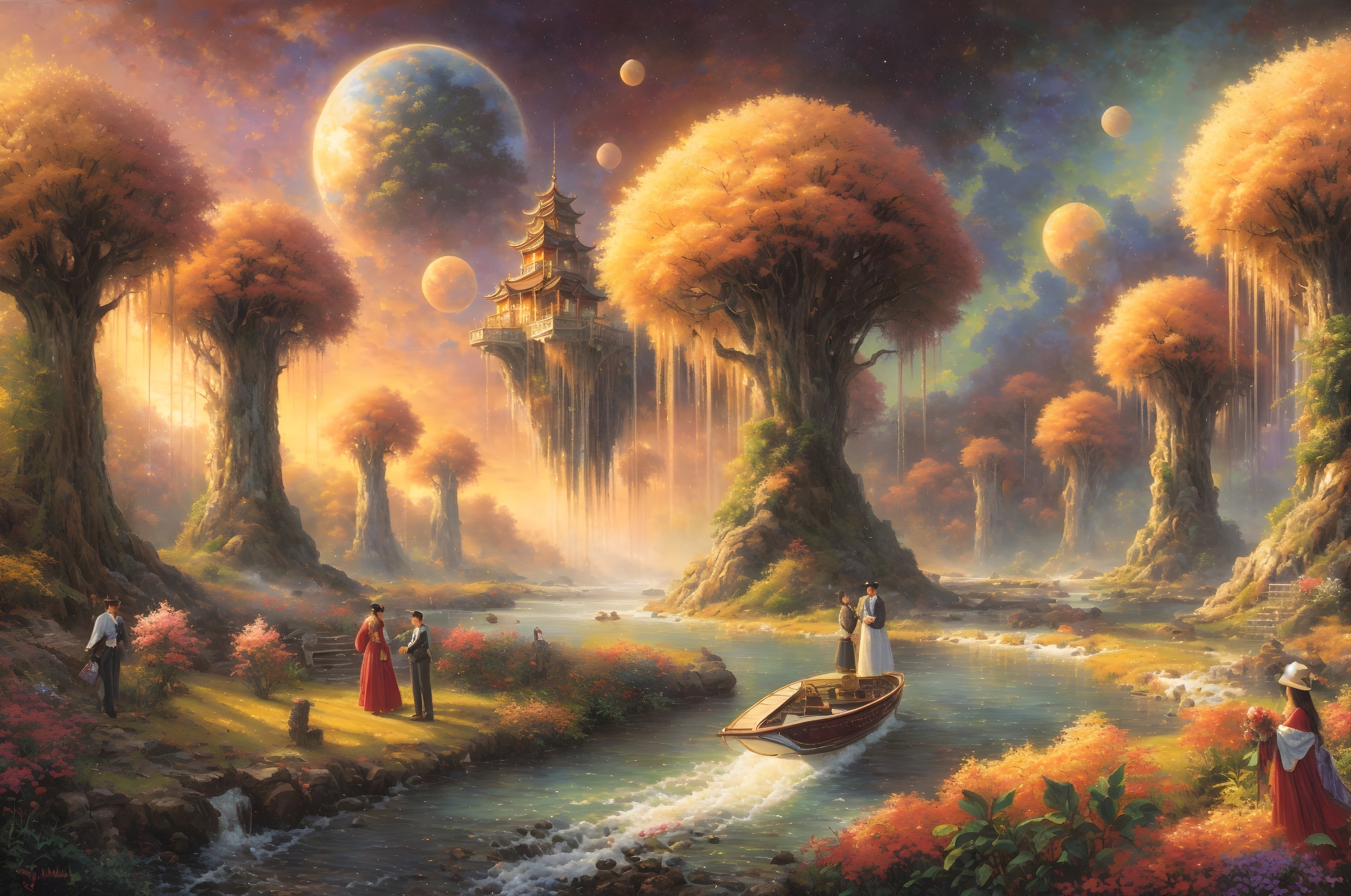 Fantastical Landscape with Orange Trees and Floating Palace
