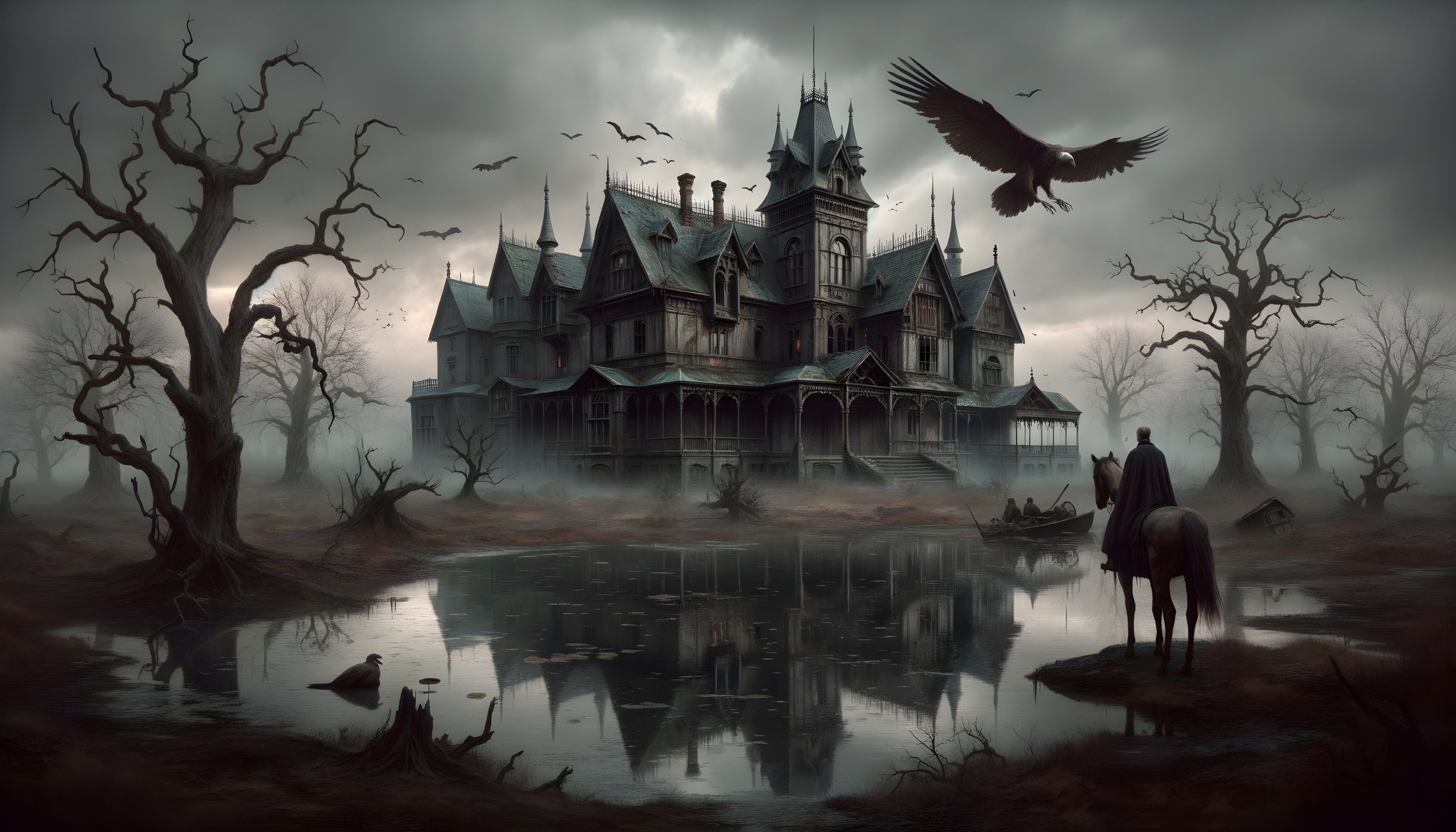 Gothic Mansion Surrounded by Mist and Dark Landscape