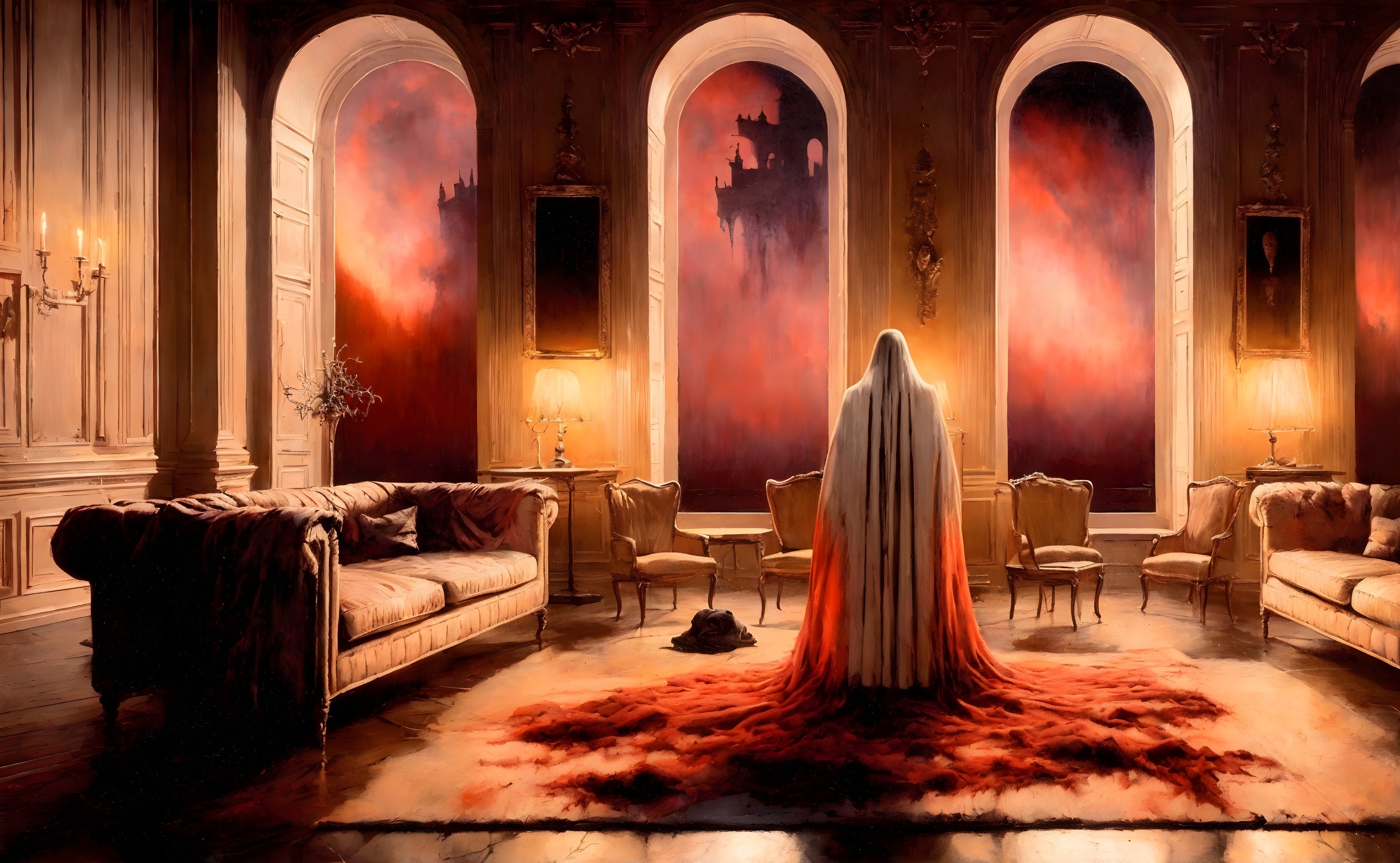 Luxurious Room with Cloaked Figure and Dark Landscapes