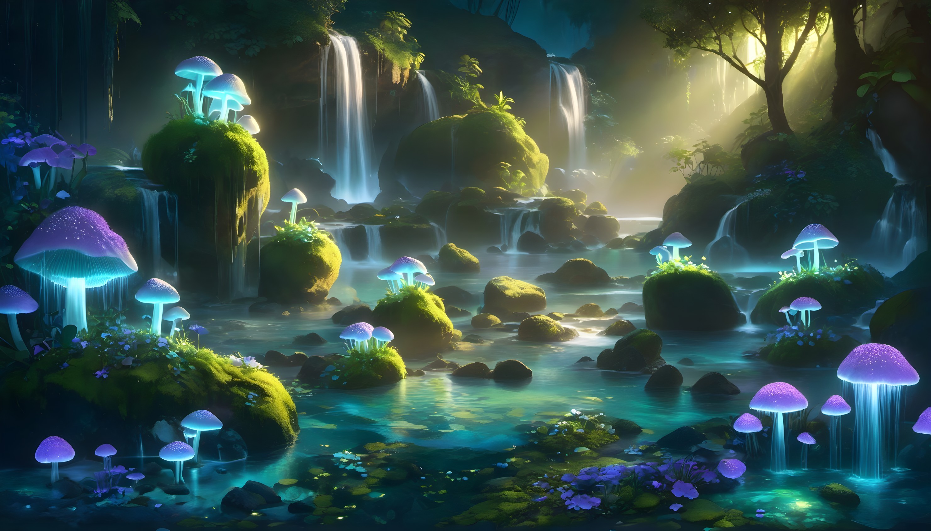 Mystical Landscape with Glowing Mushrooms and Waterfalls