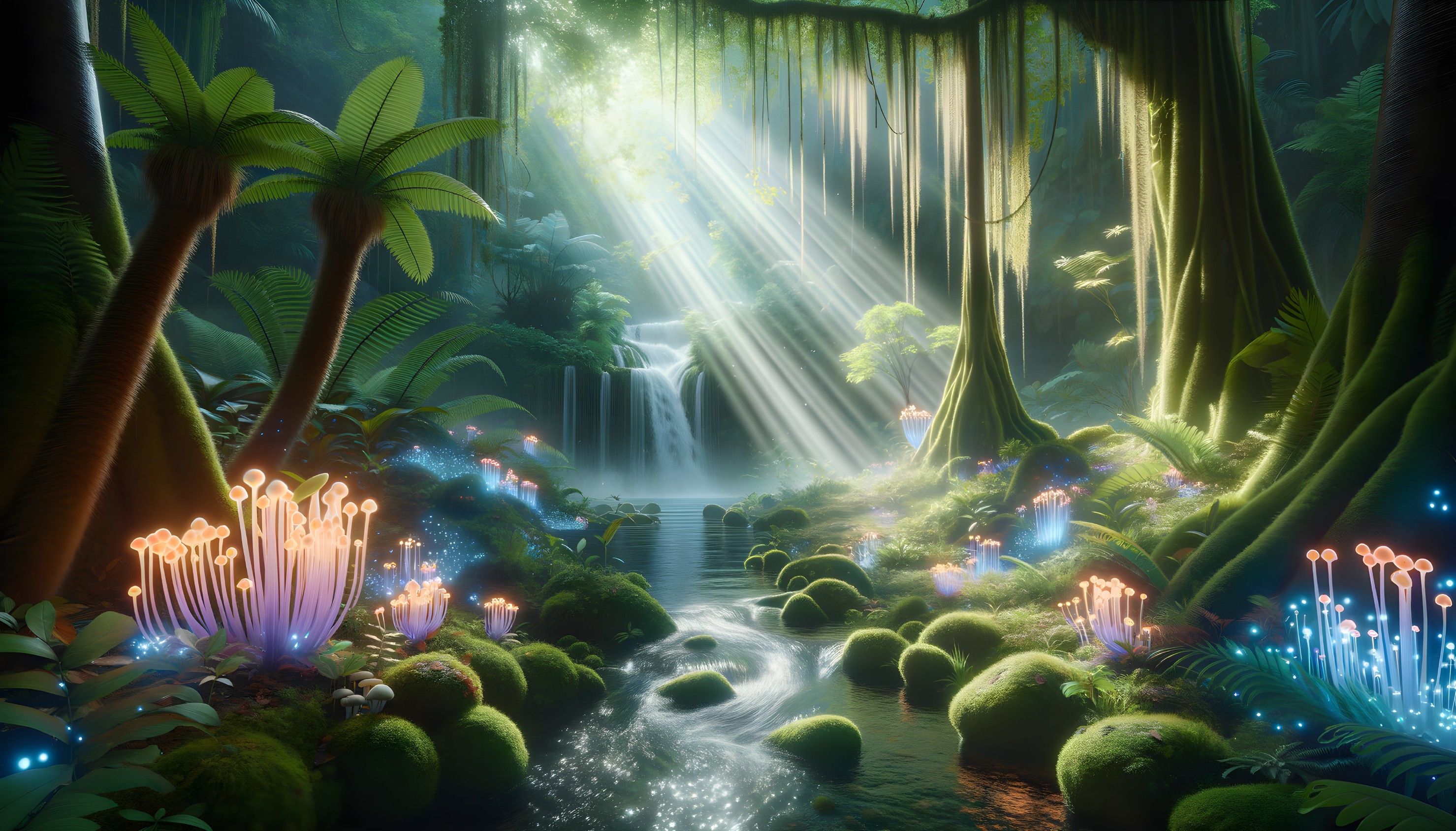 Serene Jungle Scene with Ethereal Light and Waterfall