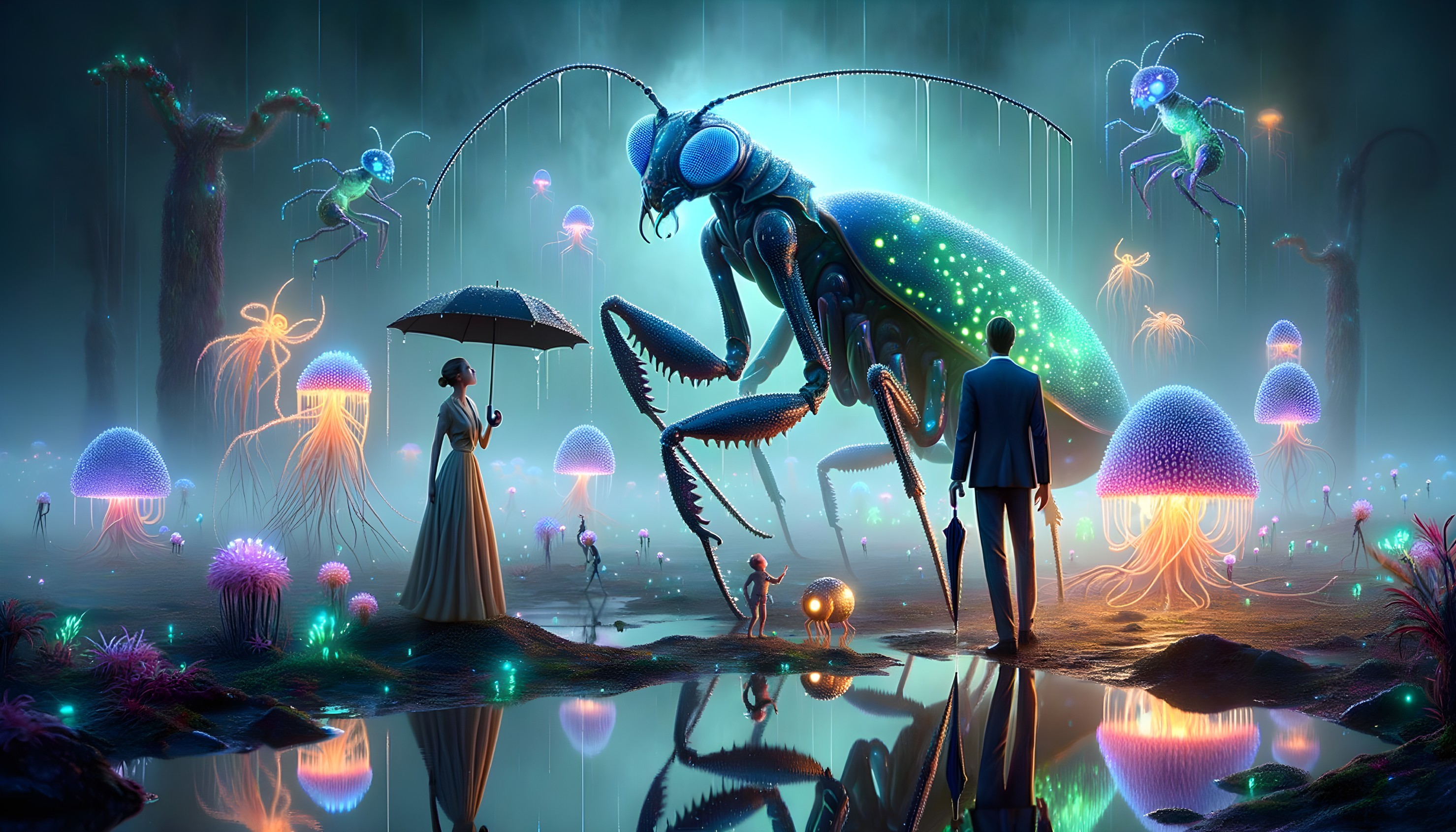 Giant Insect and Tiny Human in Mystical Forest Scene