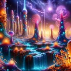 Vibrant Alien Landscape with Neon Flora and Glowing River