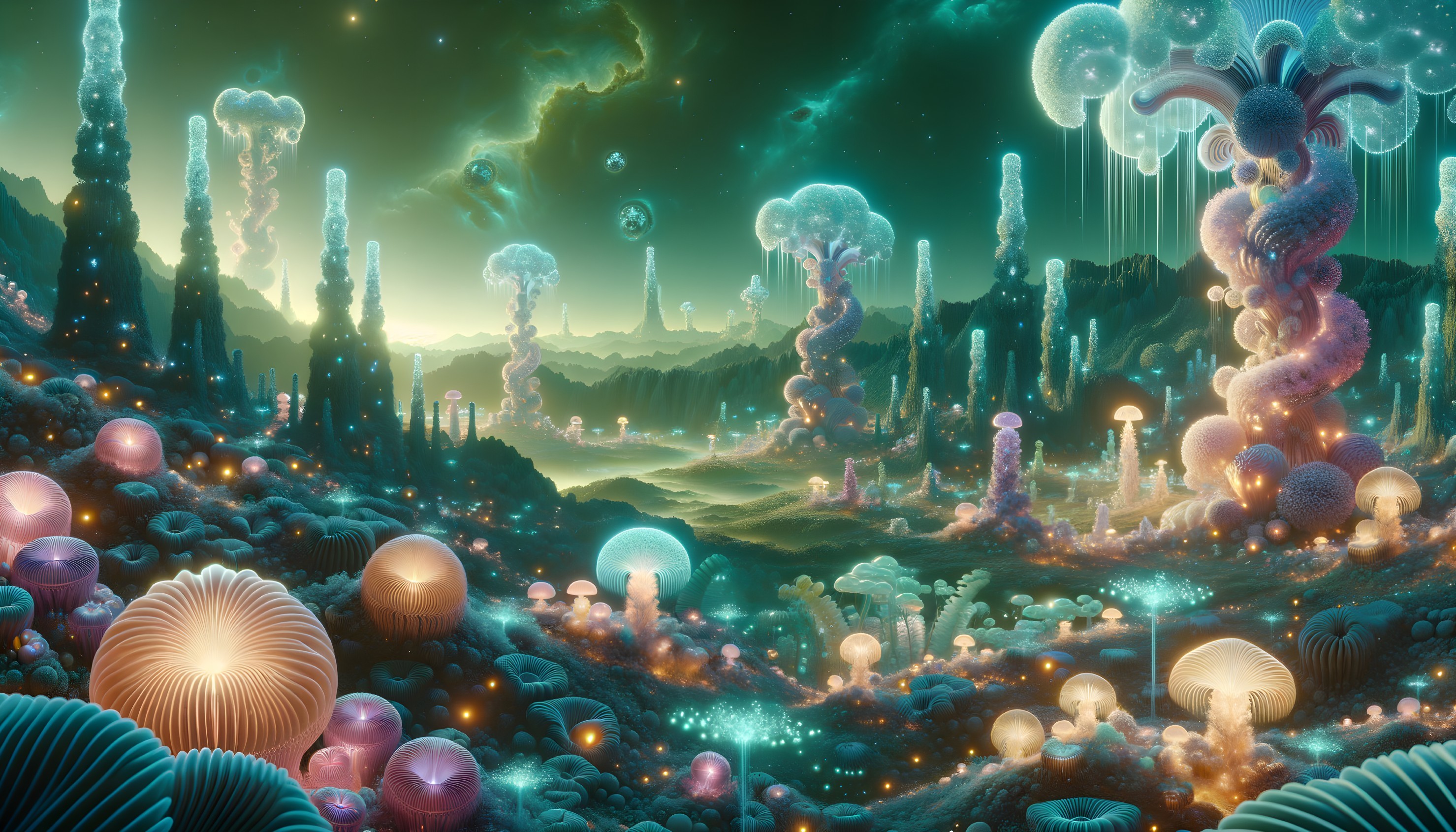 Alien Landscape with Bioluminescent Mushrooms and Crystals
