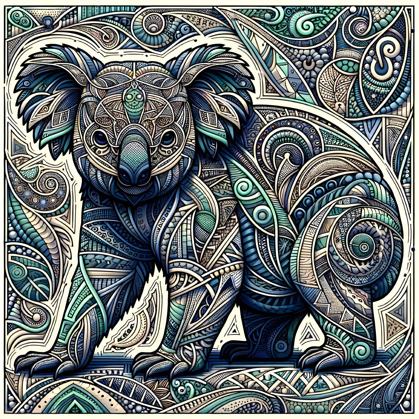 Stylized Koala with Vibrant Patterns and Abstract Background