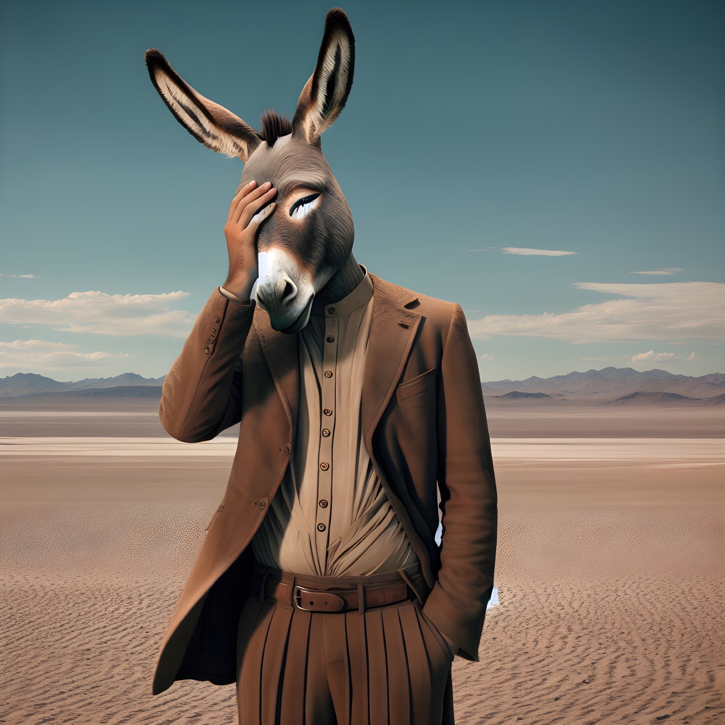 Humanoid Figure in Donkey Mask in Desolate Landscape