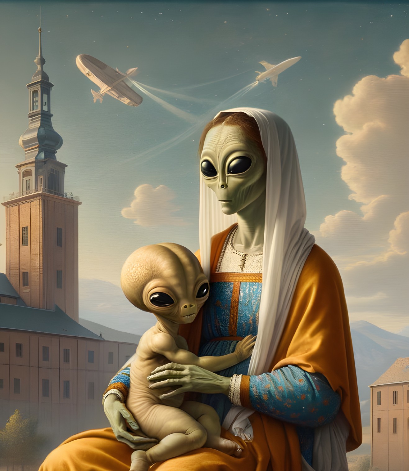 Extraterrestrial Woman and Child Against Scenic Backdrop