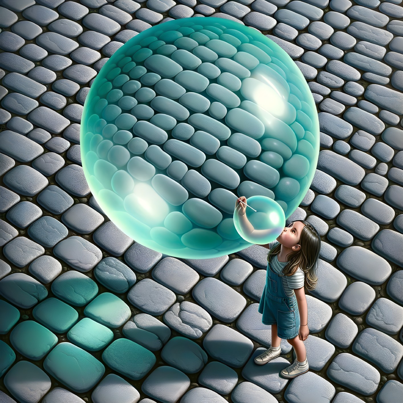 Young girl on cobblestone path with large bubble