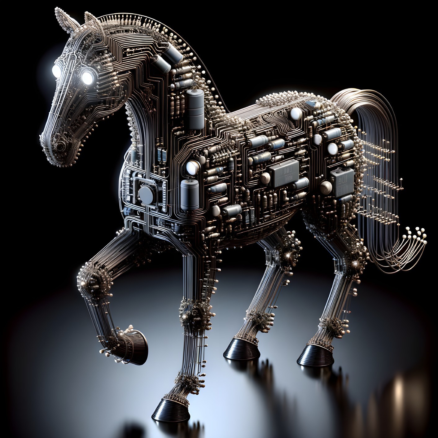 Futuristic robotic horse with metallic textures and circuits