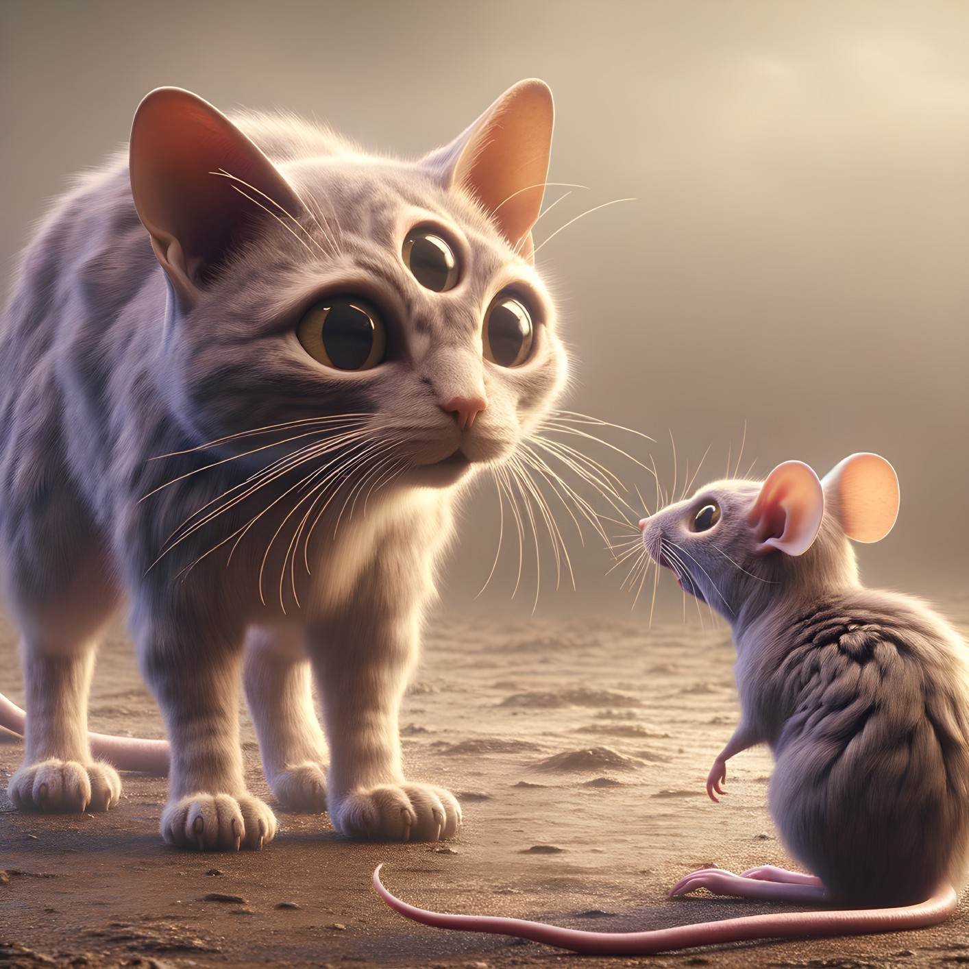 Surreal Interaction Between Three-Eyed Cat and Mouse