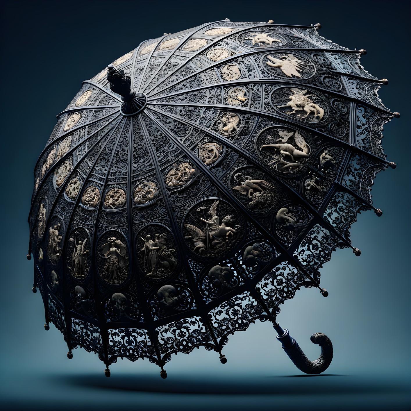 Intricately Designed Umbrella with Mythical Carvings
